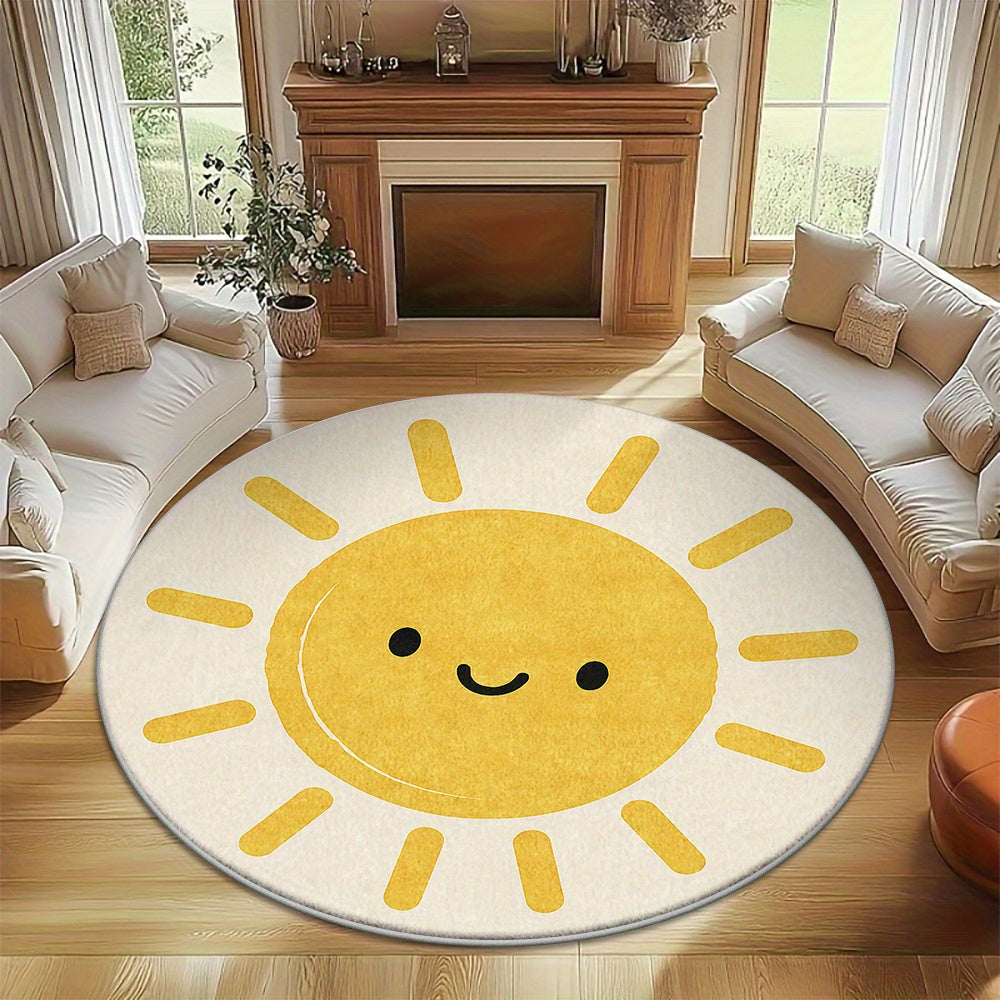 Tapis rond soleil souriant, fond crème et rayons jaunes
