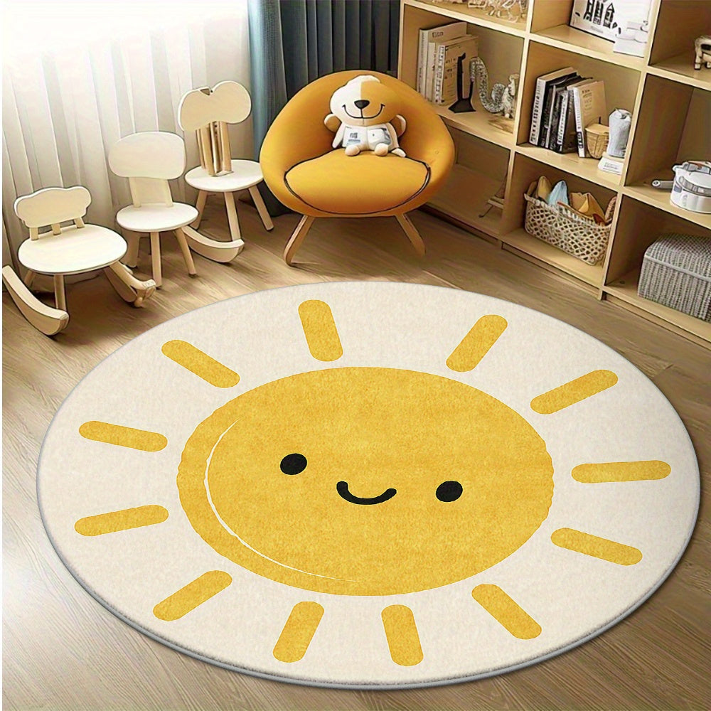 Tapis rond soleil souriant, fond crème et rayons jaunes