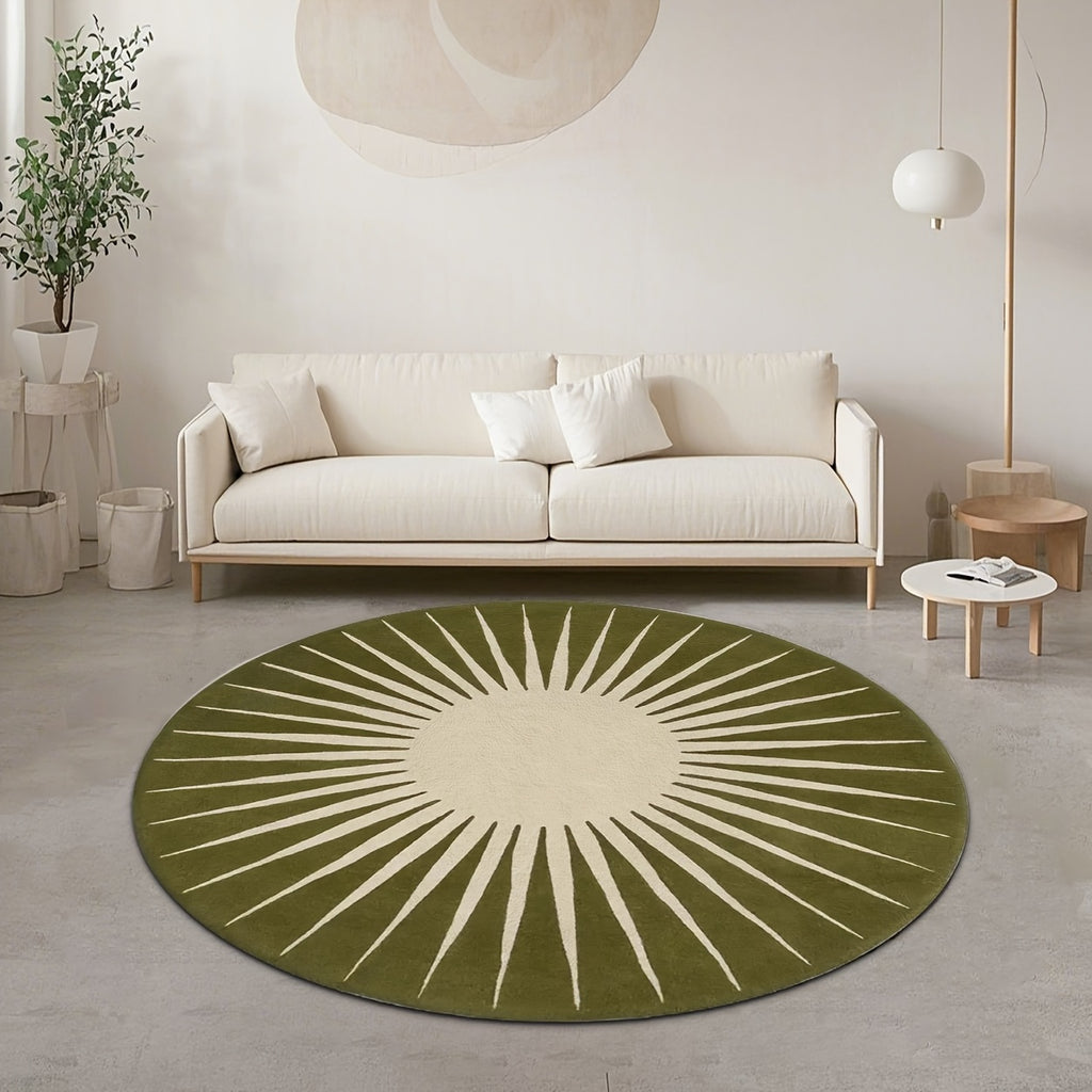 Tapis rond soleil vert olive et crème, jusqu'à Ø 200 cm
