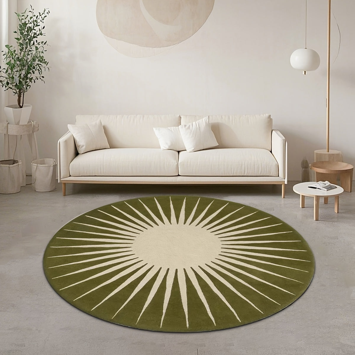 Tapis rond soleil vert olive et crème, jusqu'à Ø 200 cm