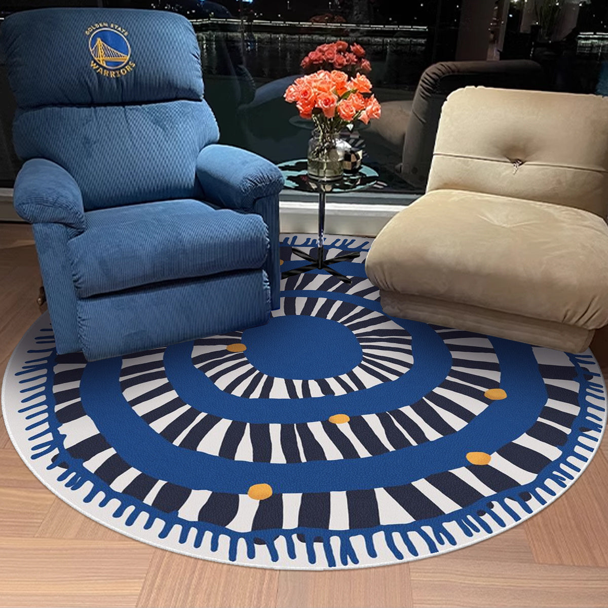 Tapis rond spirale bleue à pois jaunes, petit format Ø 80
