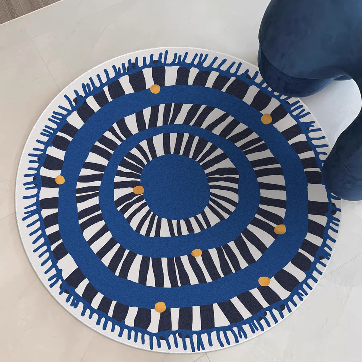 Tapis rond spirale bleue à pois jaunes, petit format Ø 80