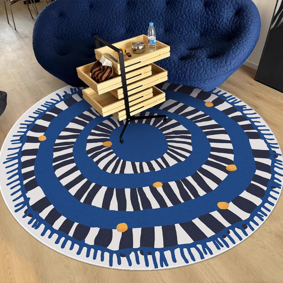 Tapis rond spirale bleue à pois jaunes, petit format Ø 80