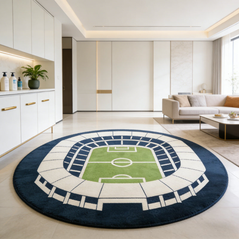 Tapis rond motif stade de football vu du ciel, bleu marine
