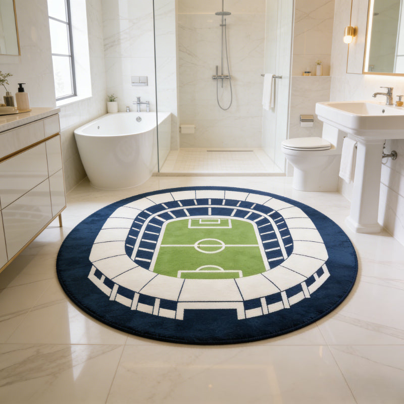 Tapis rond motif stade de football vu du ciel, bleu marine