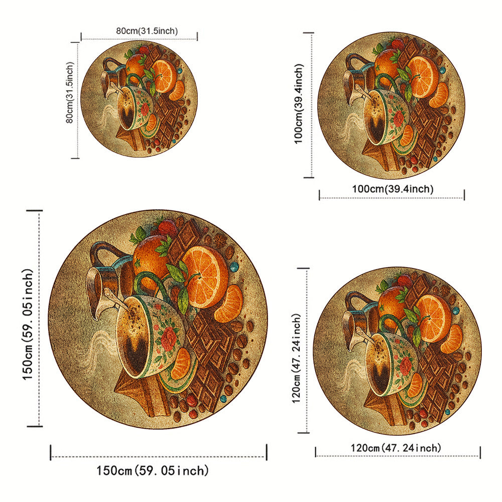 Tapis rond à la tasse et aux agrumes, doré, cinq diamètres