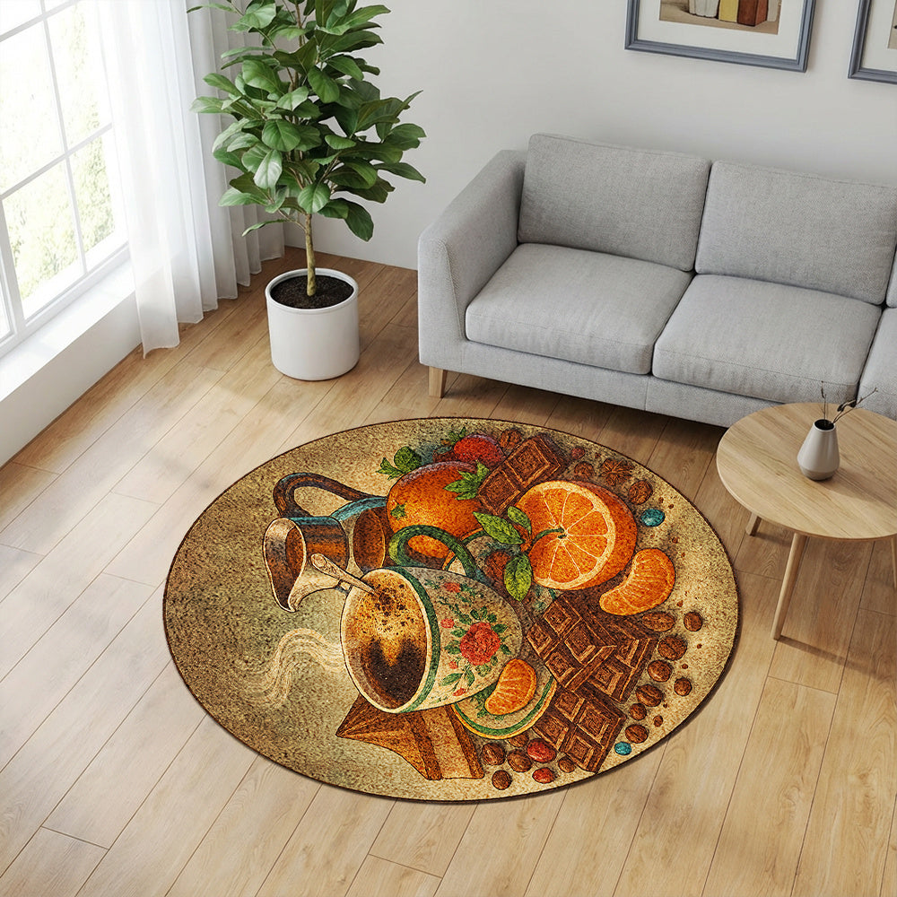 Tapis rond à la tasse et aux agrumes, doré, cinq diamètres