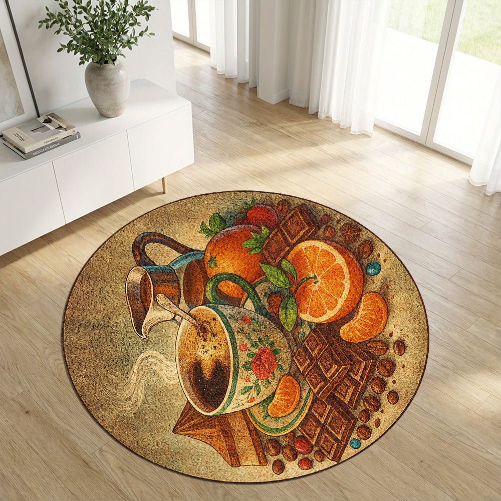 Tapis rond à la tasse et aux agrumes, doré, cinq diamètres