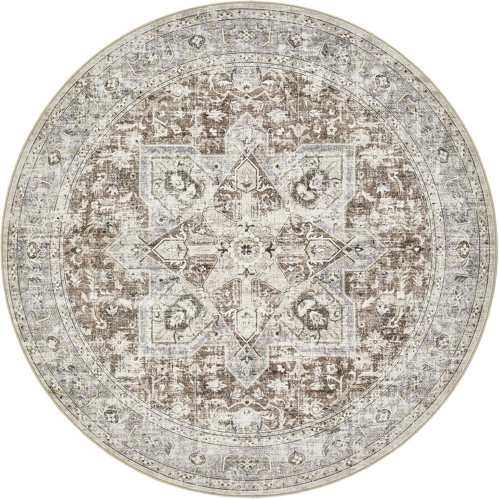 Tapis rond taupe à médaillon oriental délavé, Ø 244 et 300 cm