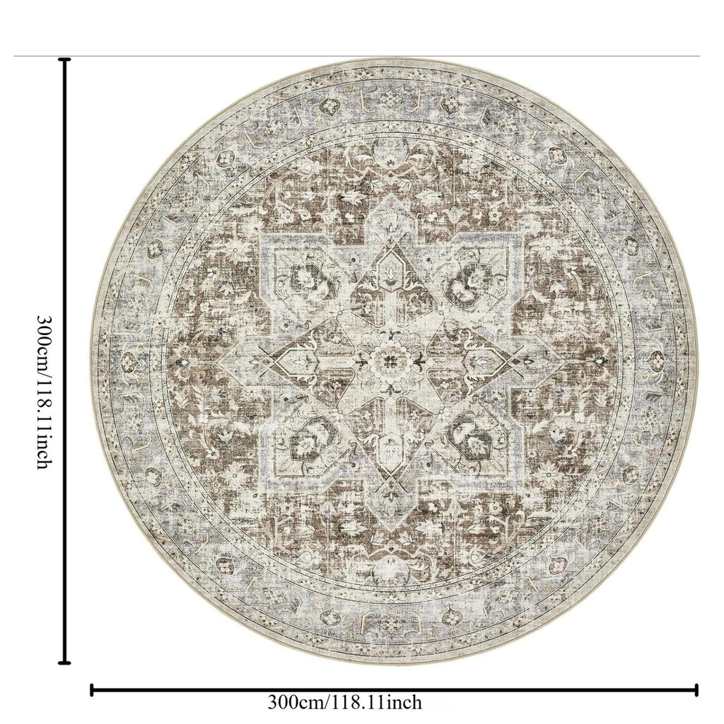 Tapis rond taupe à médaillon oriental délavé, Ø 244 et 300 cm
