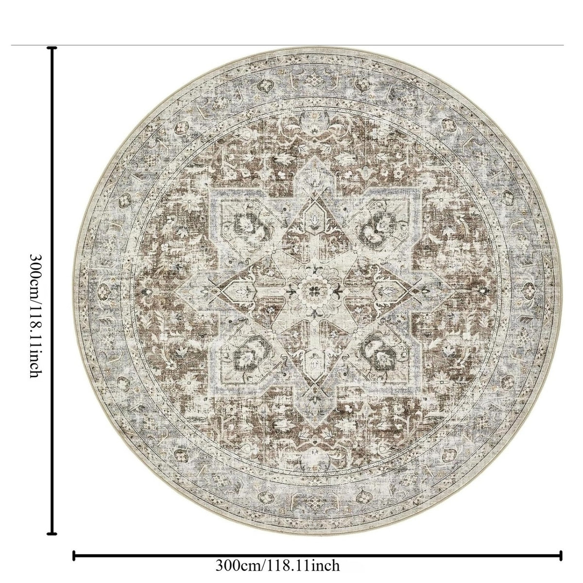 Tapis rond taupe à médaillon oriental délavé, Ø 244 et 300 cm