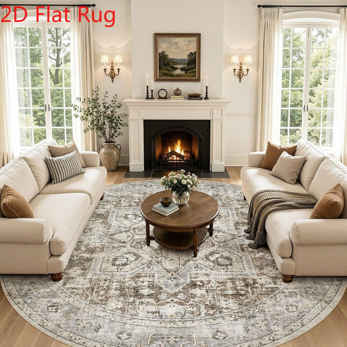 Tapis rond taupe à médaillon oriental délavé, Ø 244 et 300 cm