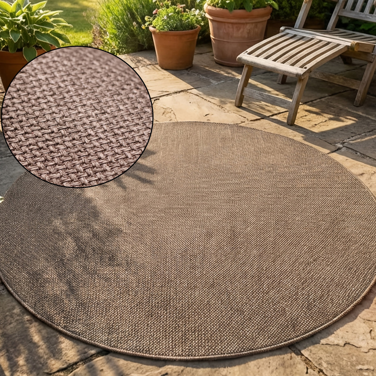 Tapis rond taupe à effet lin tissé, esprit nordique épuré