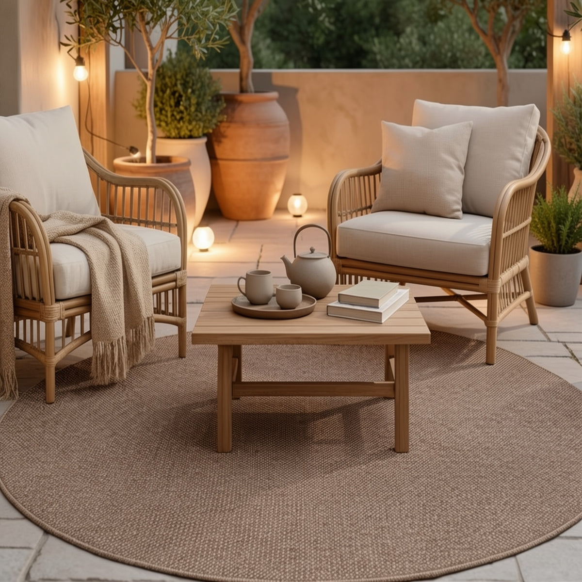 Tapis rond taupe à effet lin tissé, esprit nordique épuré