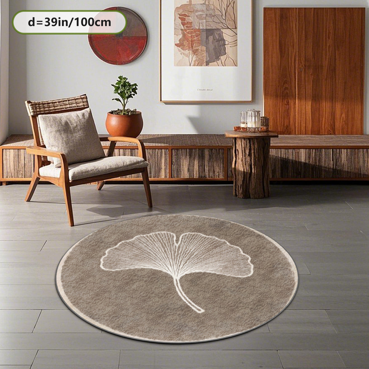 Tapis rond taupe à grande feuille de ginkgo, Ø 80 à 200 cm