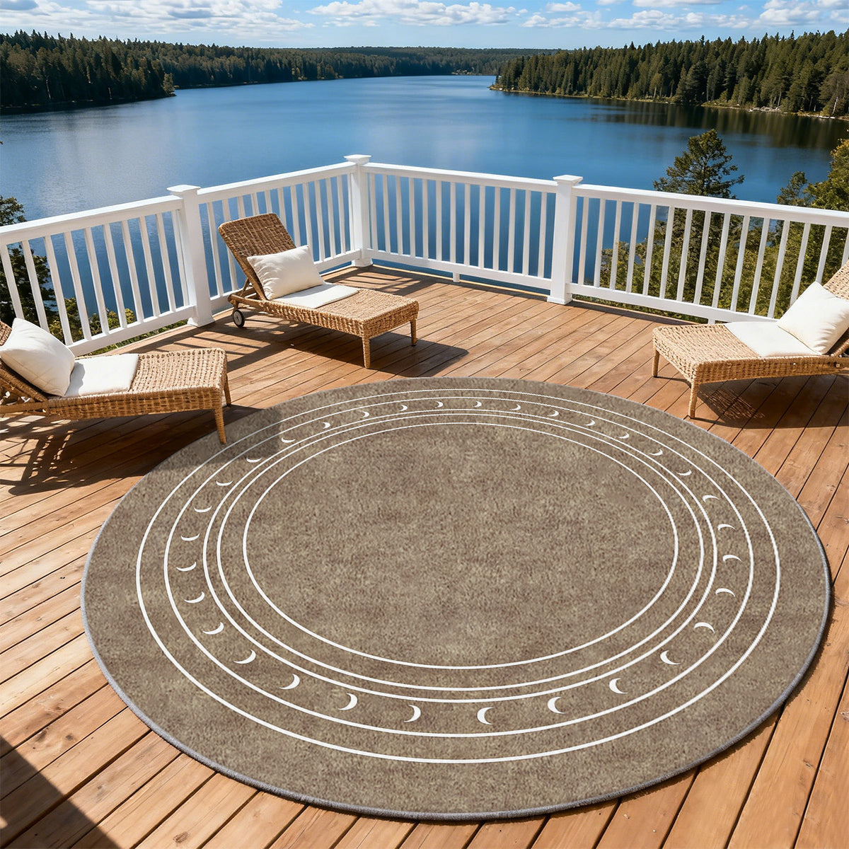 Tapis rond taupe à phases de lune et fins cercles ivoire