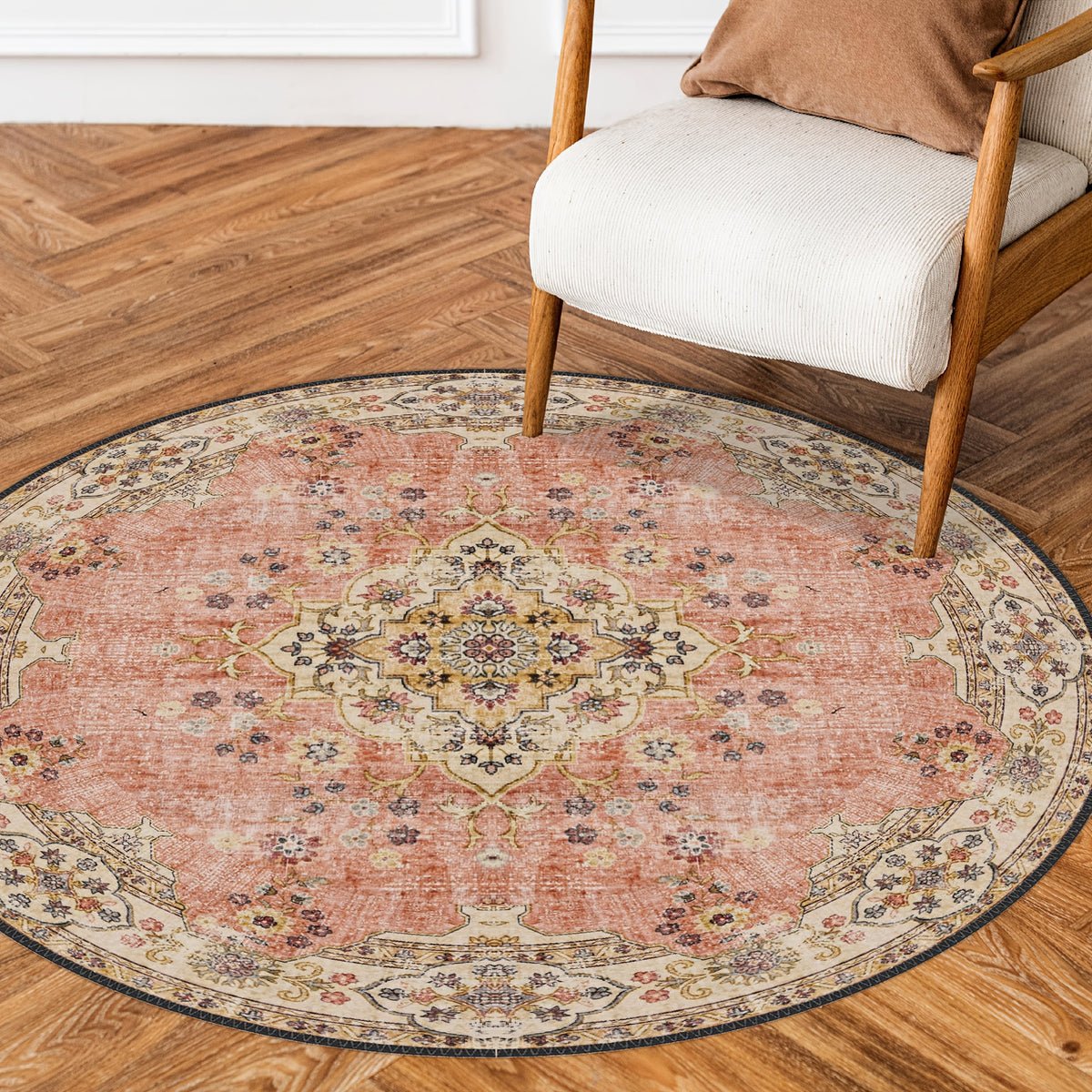 Tapis rond terracotta délavé à médaillon doré, Ø 100 et 180