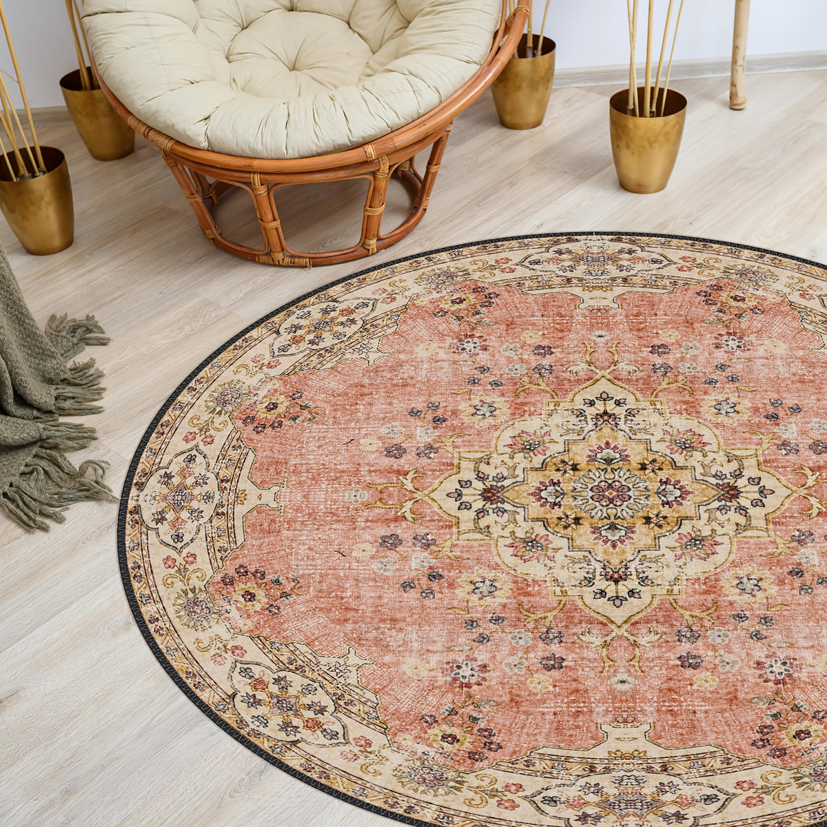 Tapis rond terracotta délavé à médaillon doré, Ø 100 et 180