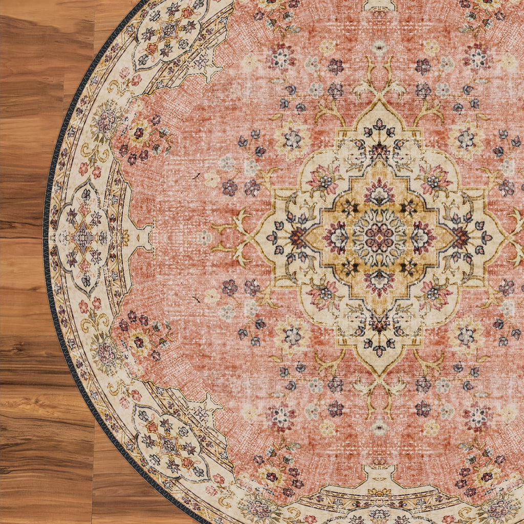 Tapis rond terracotta délavé à médaillon doré, Ø 100 et 180
