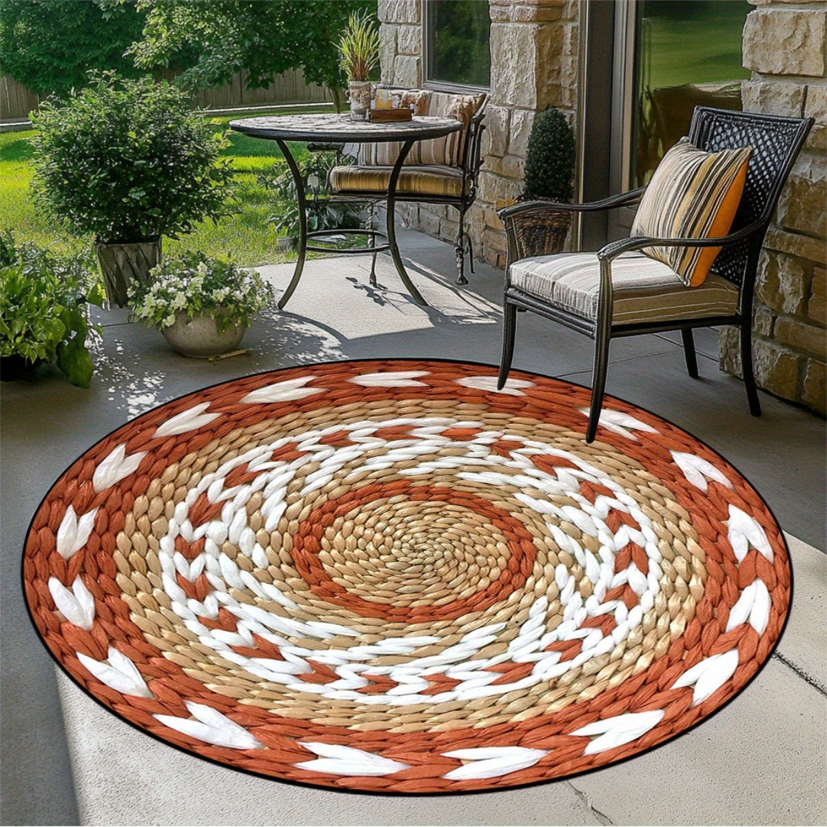 Tapis rond terracotta à dos caoutchouc, six diamètres tressés