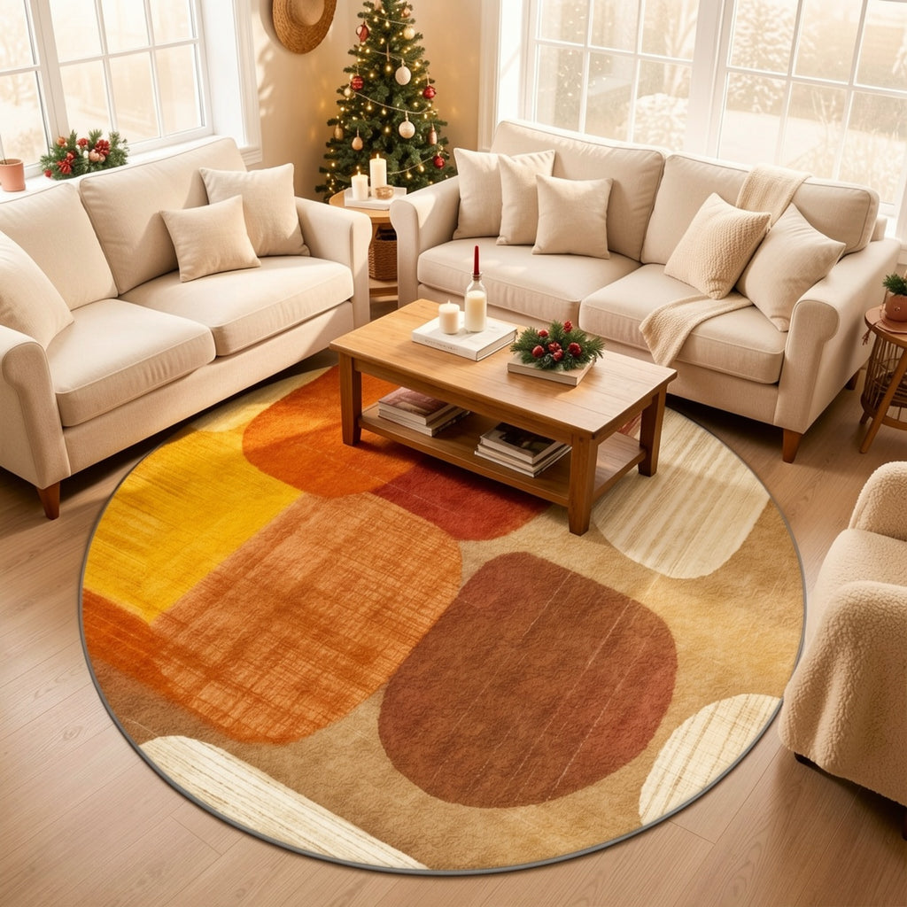 Tapis rond terracotta et jaune à blocs arrondis, Ø 80-200