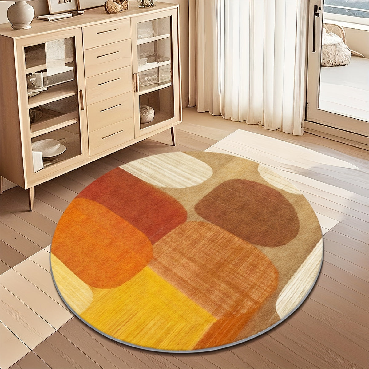Tapis rond terracotta et jaune à blocs arrondis, Ø 80-200
