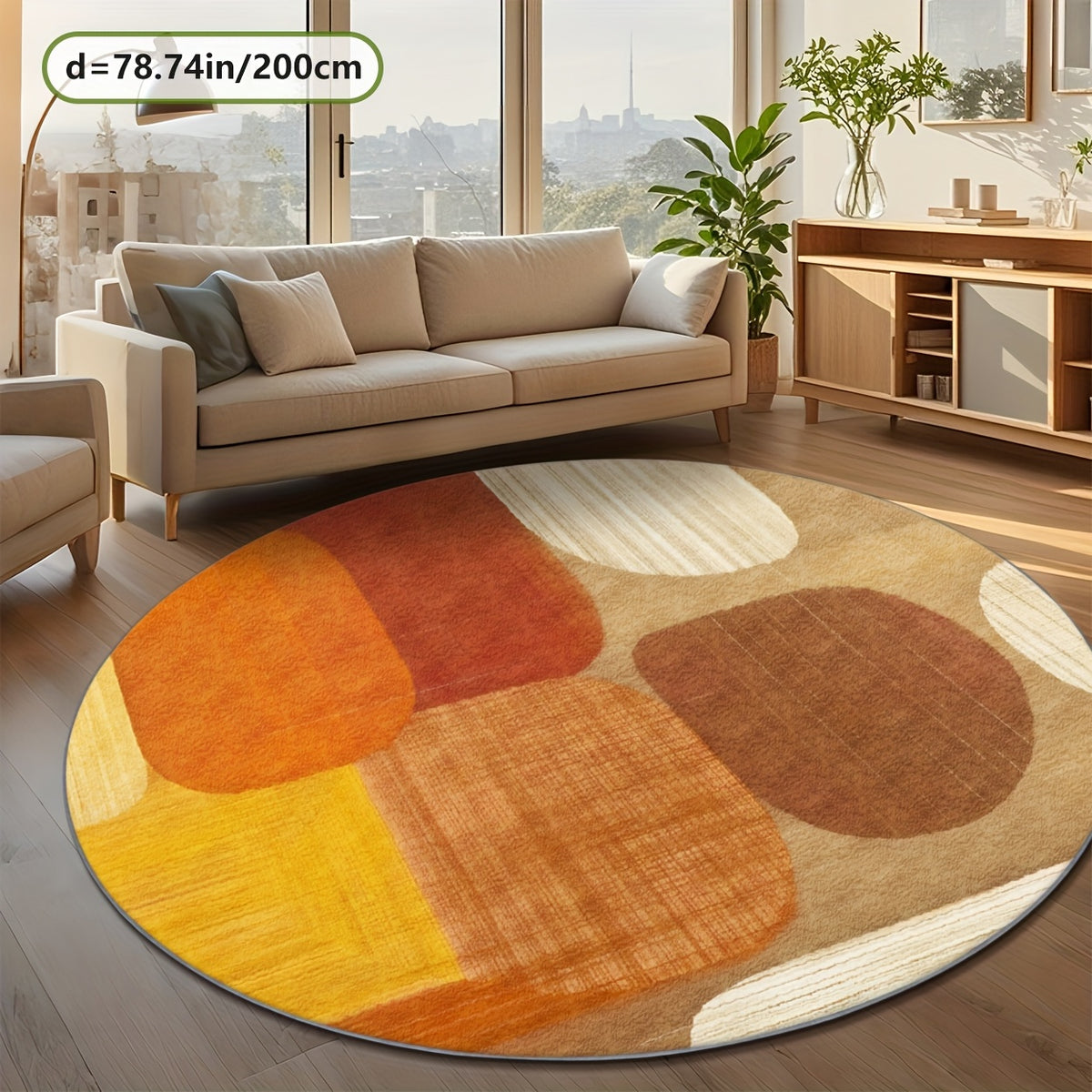 Tapis rond terracotta et jaune à blocs arrondis, Ø 80-200