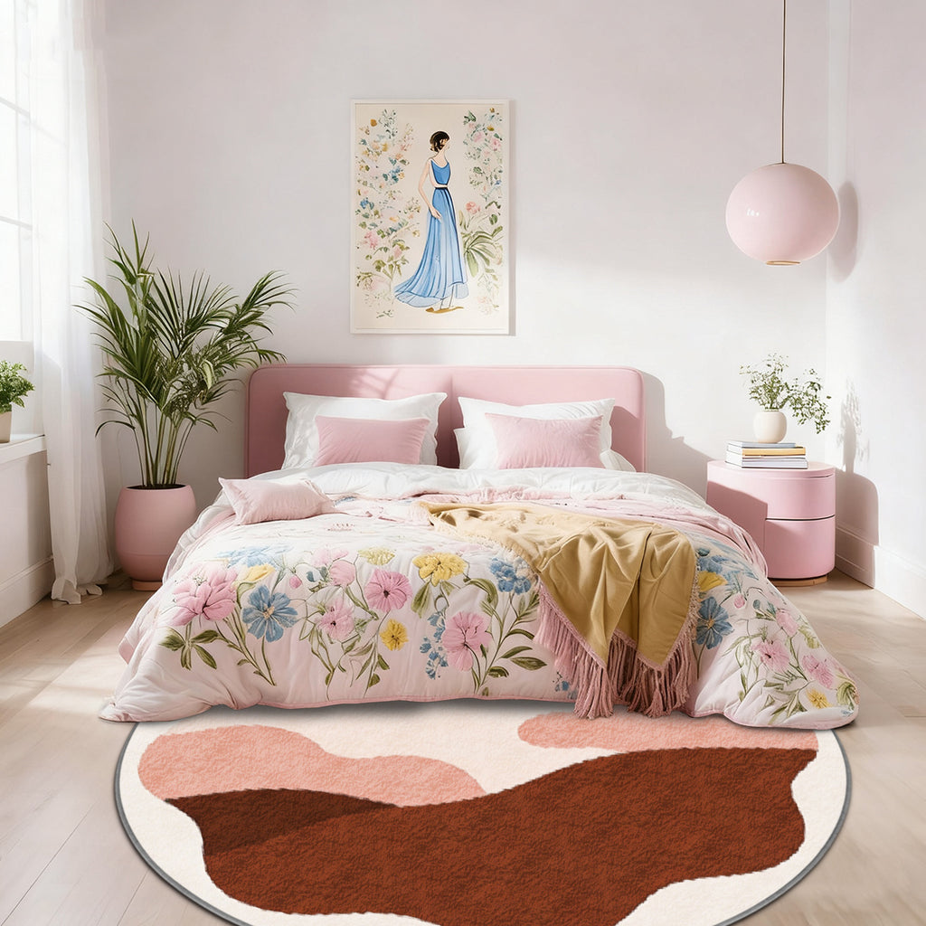 Tapis rond terracotta et rose, motif de collines imprimé