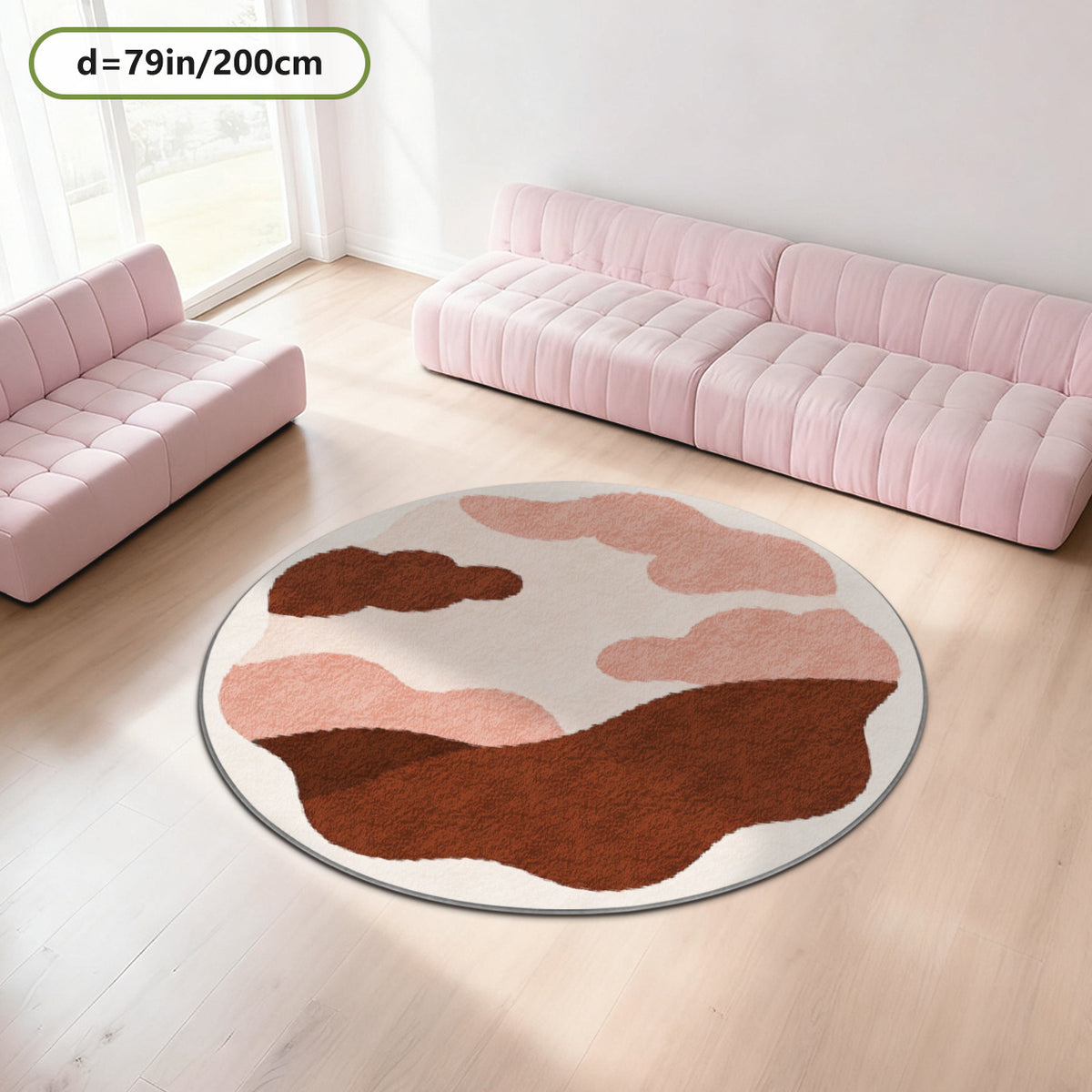 Tapis rond terracotta et rose, motif de collines imprimé