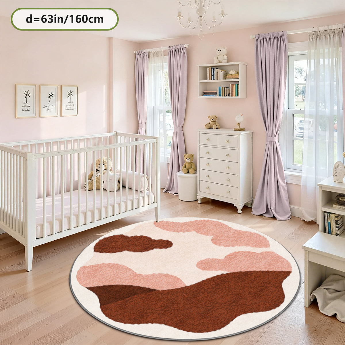 Tapis rond terracotta et rose, motif de collines imprimé