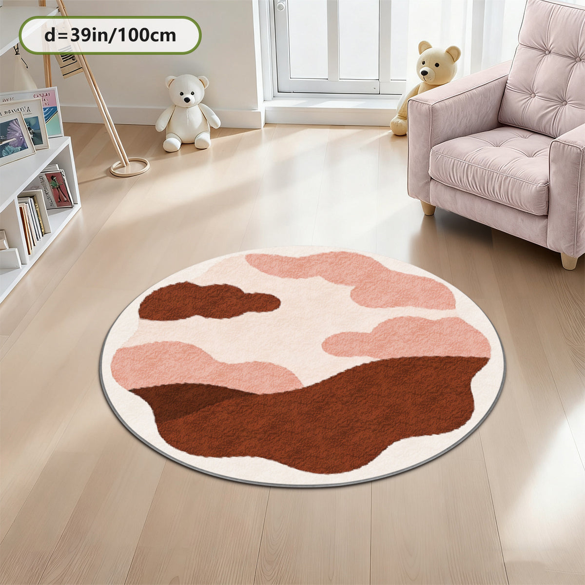 Tapis rond terracotta et rose, motif de collines imprimé