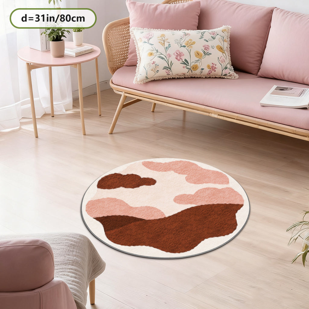 Tapis rond terracotta et rose, motif de collines imprimé