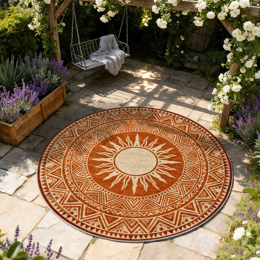 Tapis rond terracotta à soleil ethnique et frises ocre fines