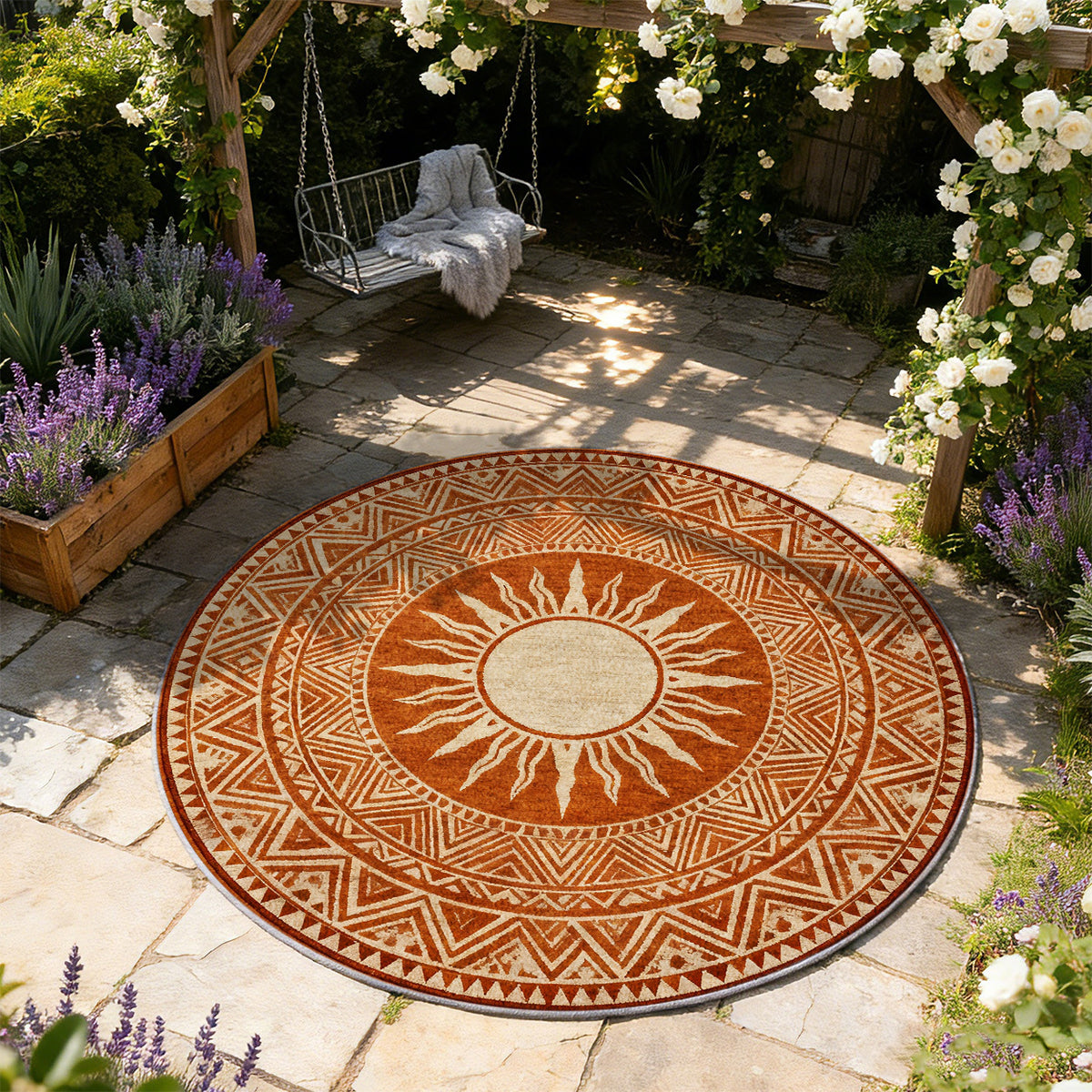 Tapis rond terracotta à soleil ethnique et frises ocre fines