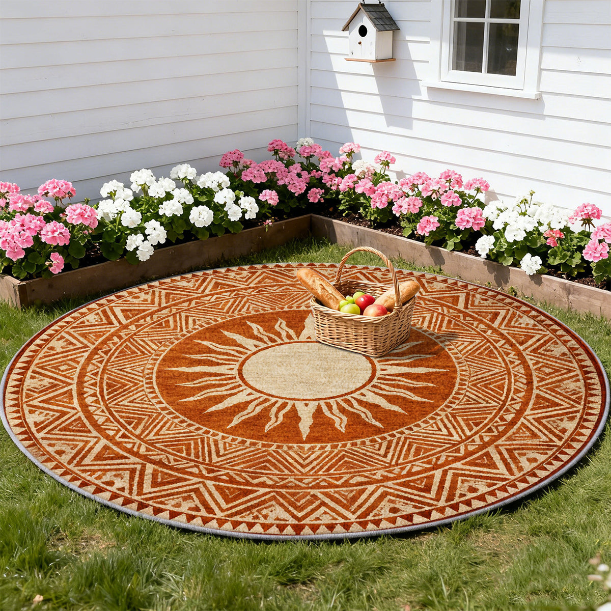 Tapis rond terracotta à soleil ethnique et frises ocre fines