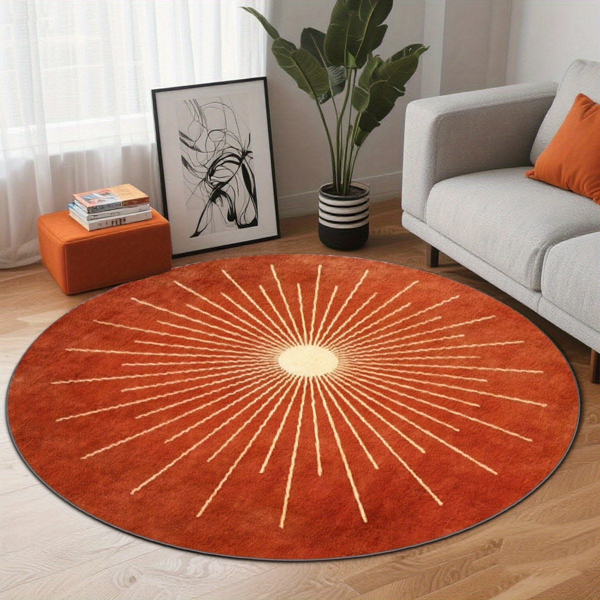 Tapis rond terre cuite à cadran solaire ivoire, dos à pois