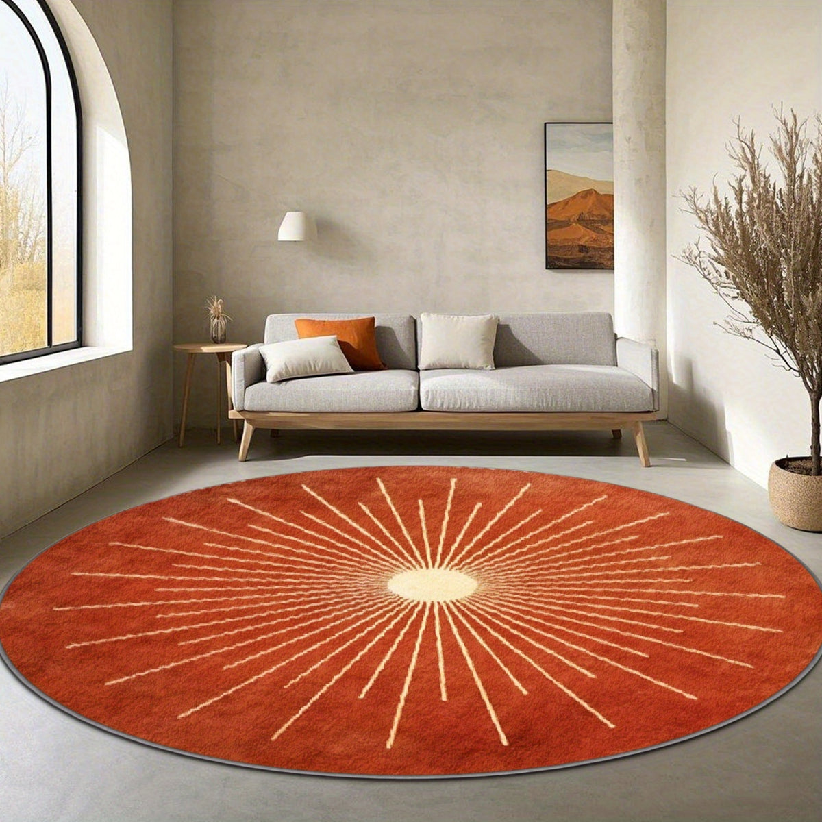 Tapis rond terre cuite à cadran solaire ivoire, dos à pois