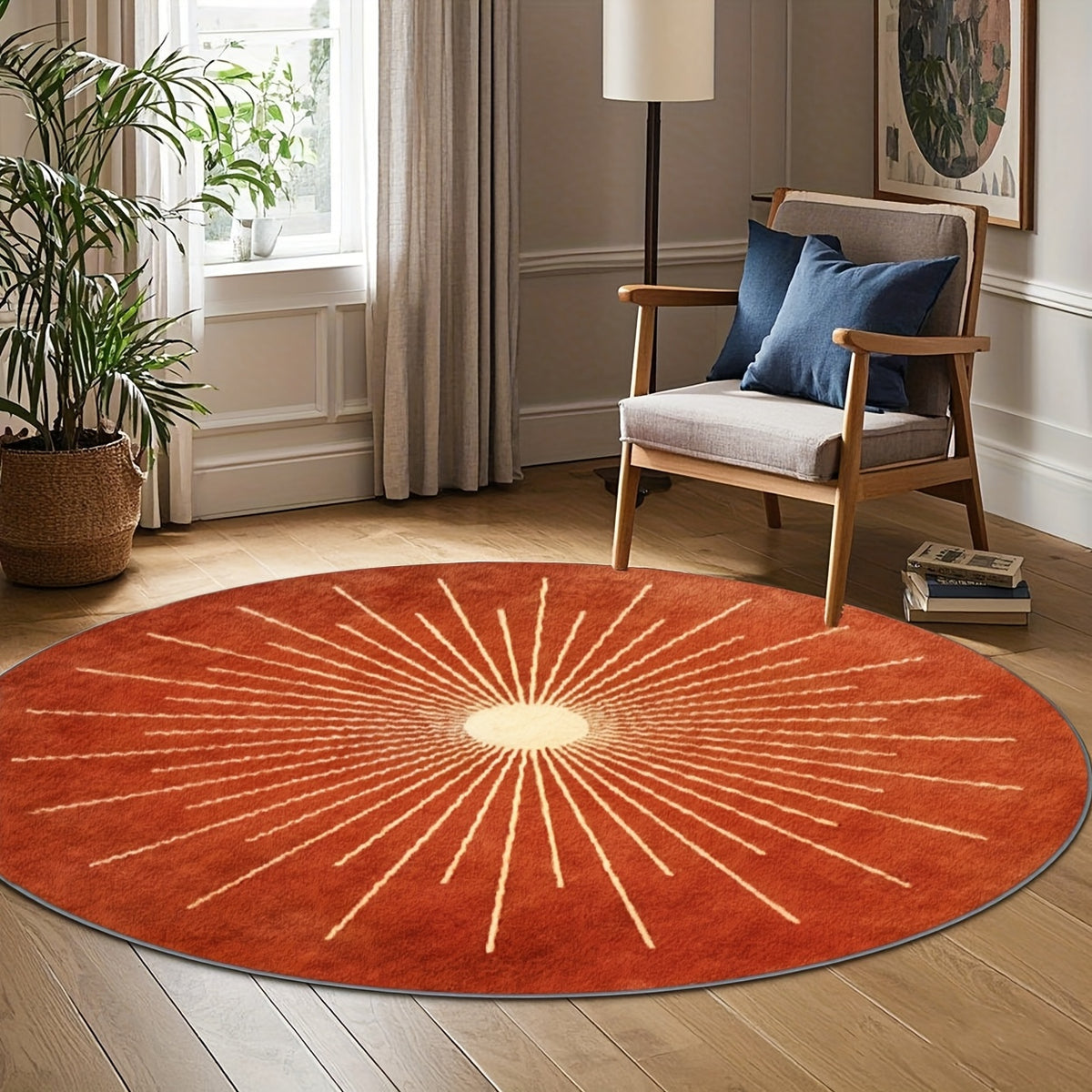 Tapis rond terre cuite à cadran solaire ivoire, dos à pois