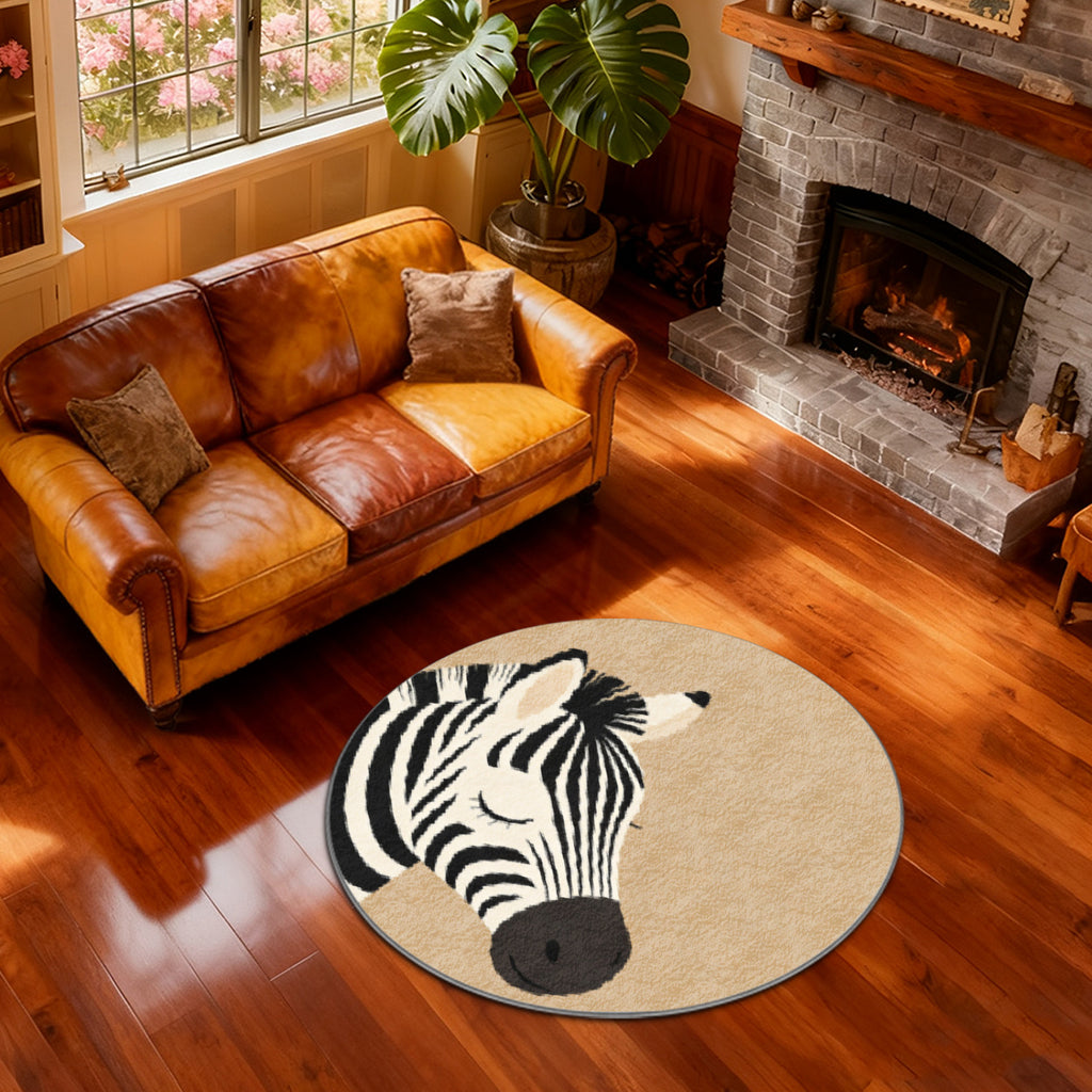 Tapis rond tête de zèbre sur fond beige, quatre formats