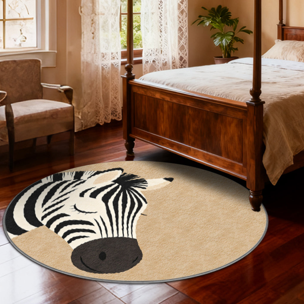 Tapis rond tête de zèbre sur fond beige, quatre formats