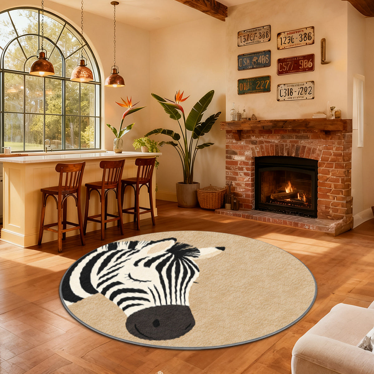 Tapis rond tête de zèbre sur fond beige, quatre formats