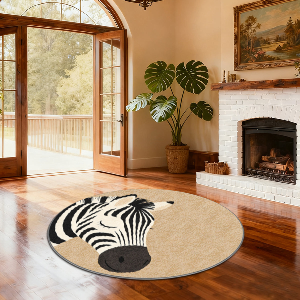 Tapis rond tête de zèbre sur fond beige, quatre formats