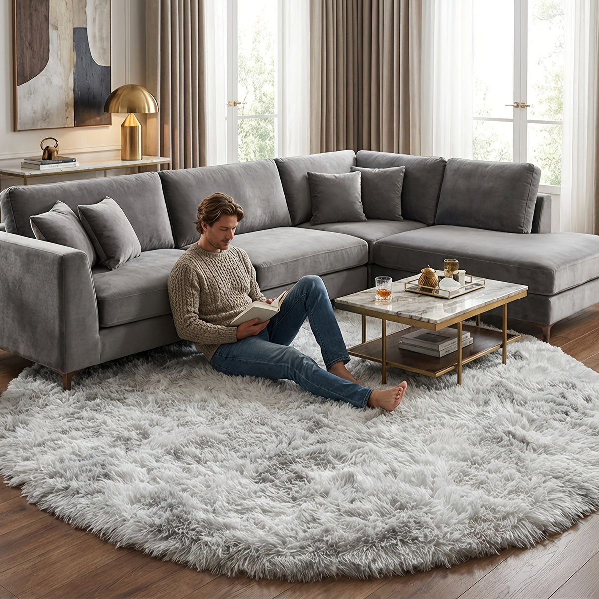 Tapis rond shaggy gris tie-dye, poils longs, 4 diamètres