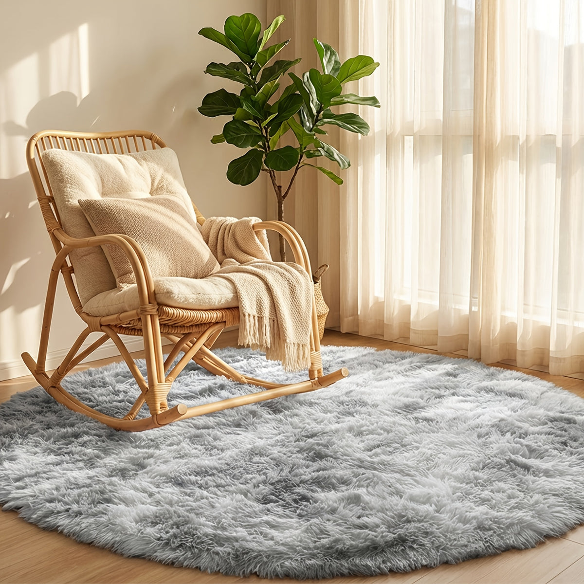 Tapis rond shaggy gris tie-dye, poils longs, 4 diamètres