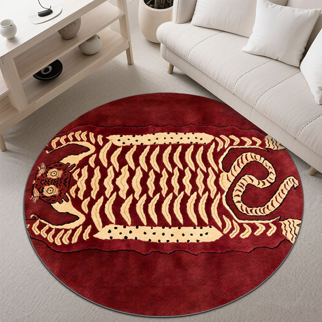 Tapis rond tigre tibétain rouge bordeaux, Ø 80 à 200 cm