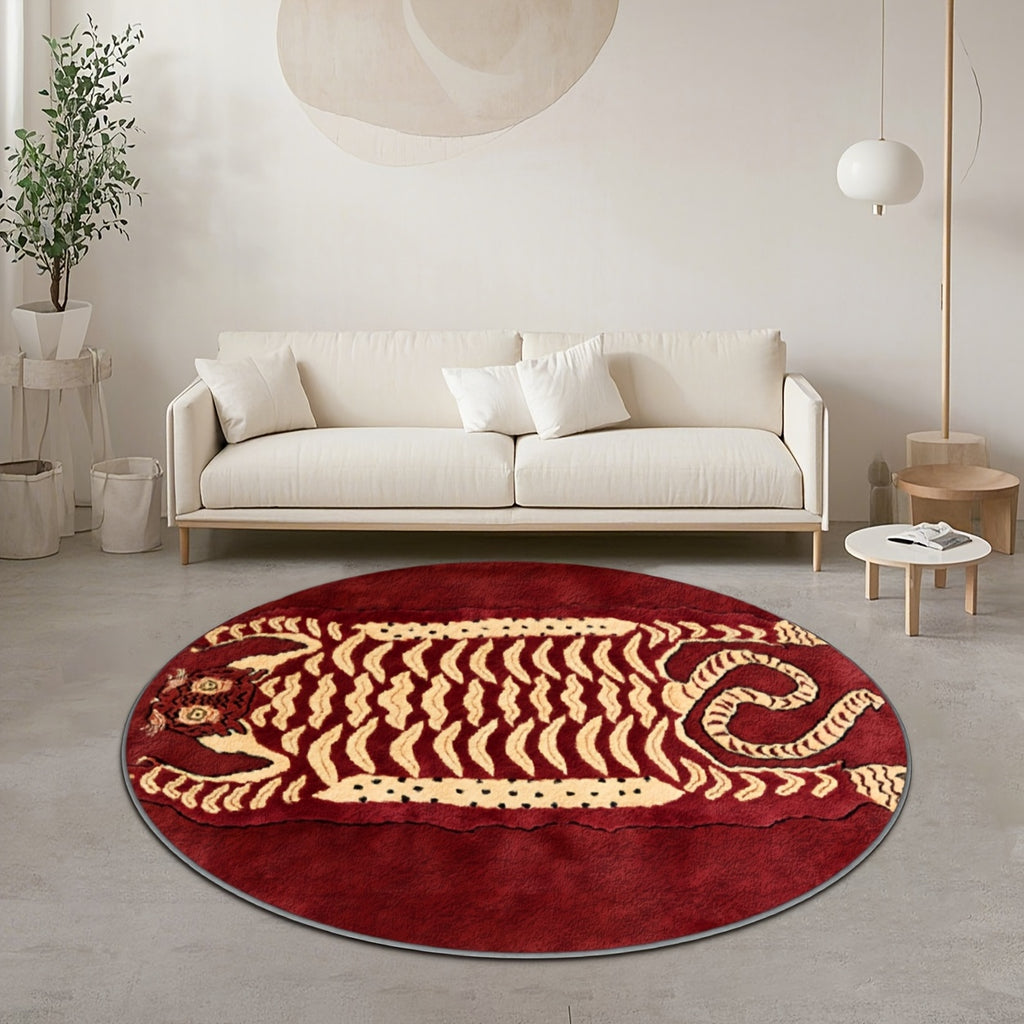 Tapis rond tigre tibétain rouge bordeaux, Ø 80 à 200 cm