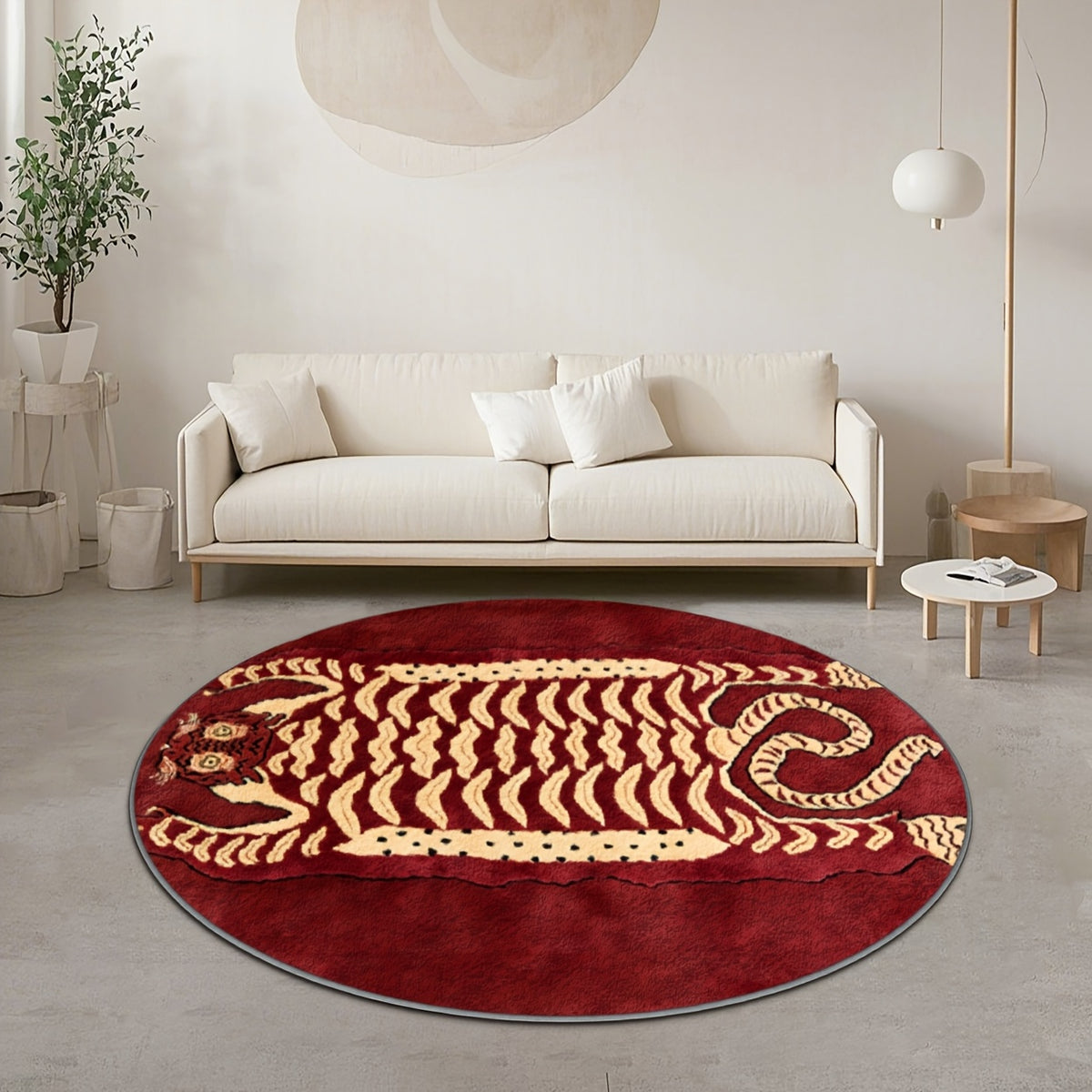 Tapis rond tigre tibétain rouge bordeaux, Ø 80 à 200 cm