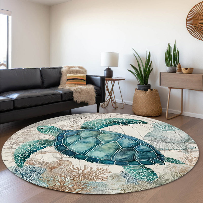 Tapis rond à tortue marine sur carte ancienne, 80 à 120 cm