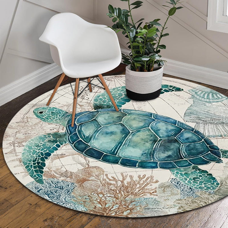 Tapis rond à tortue marine sur carte ancienne, 80 à 120 cm