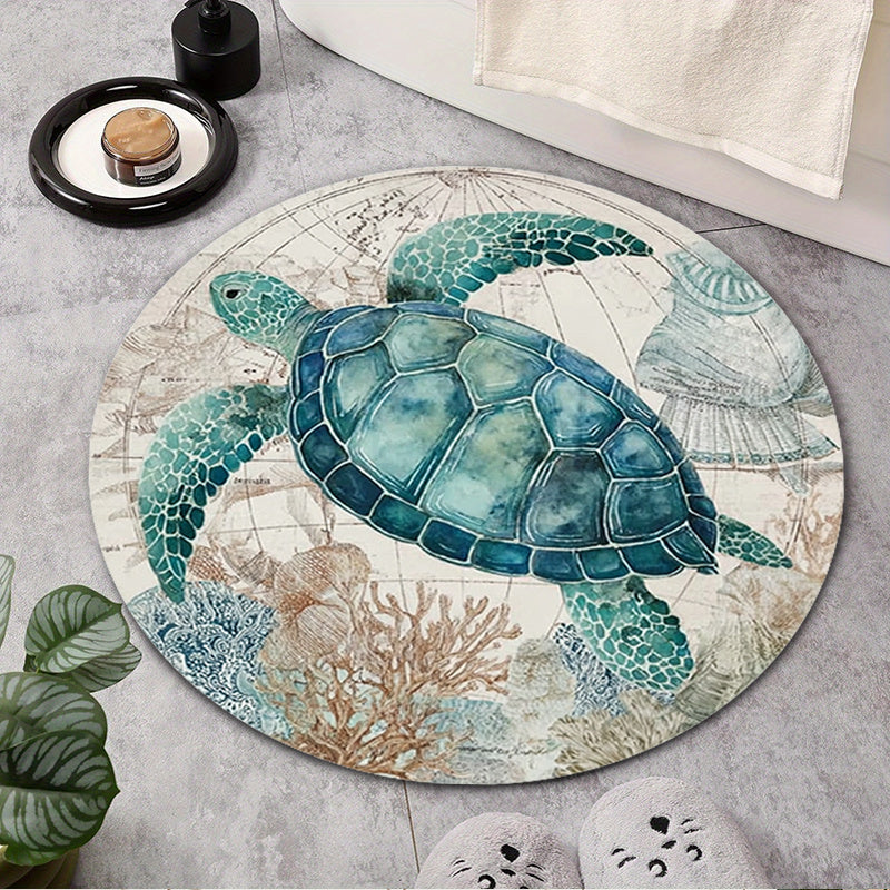 Tapis rond à tortue marine sur carte ancienne, 80 à 120 cm